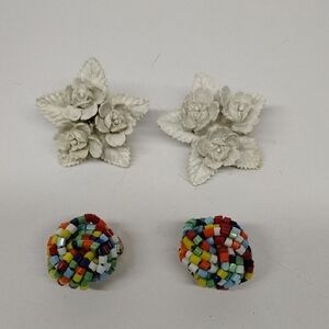 Vintage Colorful Beaded and Floral Clip On  Earrings Set